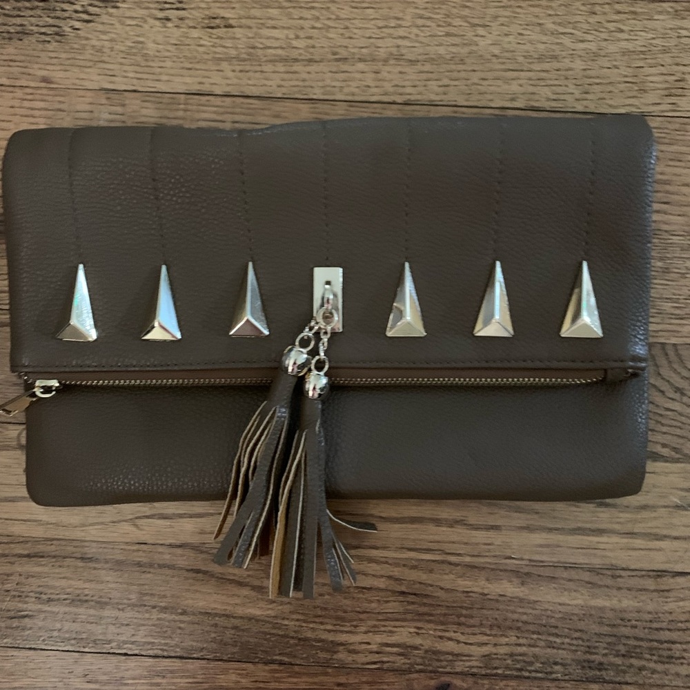 Faux leather brown clutch with gold embellishments/tassels
